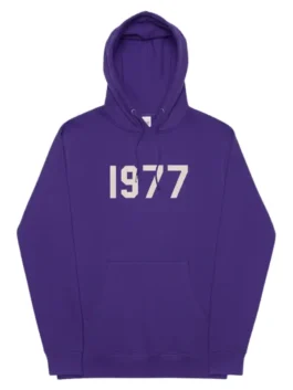 A bright purple Fear of God Essentials hoodie with the large numbers