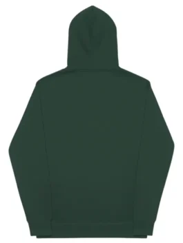 The back view of a solid dark green (forest green) hoodie, showing the hood, sleeves, and hem.