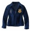 Front view of a dark blue women's FFA (Future Farmers of America) corduroy jacket, laid flat. The left chest has "Name," "Office," and "Year" embroidered in yellow script. The right chest has the official FFA emblem patch.