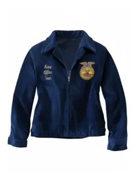 Front view of a dark blue women's FFA (Future Farmers of America) corduroy jacket, laid flat. The left chest has 