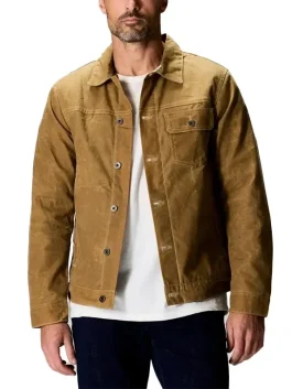Man wearing Flint and Tinder Waxed Trucker Jacket in tan color, a durable Huckberry waxed trucker jacket made from premium waxed canvas for rugged outdoor and casual wear.