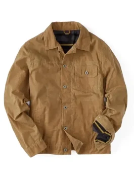 Flint and Tinder Waxed Trucker Jacket tan version, classic wax trucker jacket with button closure and chest pocket, part of the Flint and Tinder jackets collection.