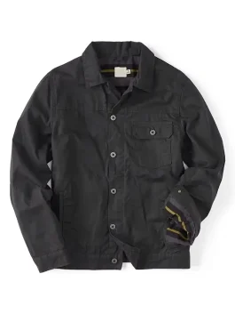 Flint and Tinder Flannel Lined Waxed Trucker Jacket in black, stylish Huckberry trucker jacket made with waxed cotton for everyday durability.