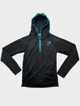 Gymshark Onyx V1 Hoodie highlighting professional fabric grain and luxury half-zip pullover style.