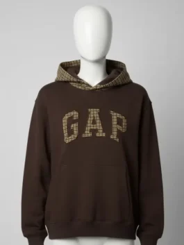 Front view of a brown Gap houndstooth hoodie featuring a check pattern logo and hood on a mannequin.