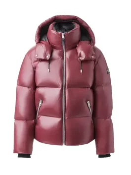 Mackage Burgundy Coat crafted in glossy puffer style with warm down padding and zip fastening for a trendy winter outfit.