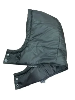 Detachable black Polo Ralph Lauren hooded puffer jacket hood with drawstring and zipper attachment details.