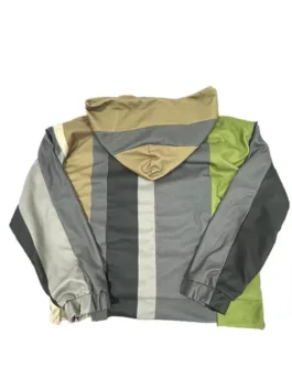 Back view of the raspberry hills bonsai hoodie with vertical color-blocked panels in gray, olive green, and tan. The hood is pulled back. This is the rear of the gv gallery bonsai hoodie.