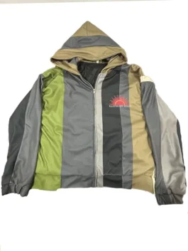 Front view of the raspberry hills bonsai hoodie featuring vertical color-blocked panels in shades of olive green, gray, and tan, with the 