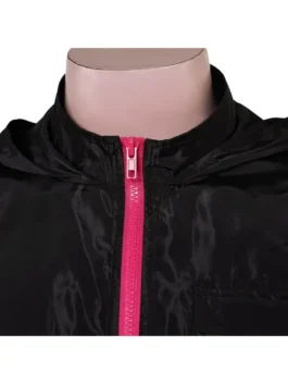 Close-up showing the neckline of the Squid Game guard black costume, featuring the attached hood and the vibrant pink zipper detail against the black jumpsuit fabric.
