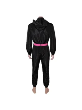 Squid Game season 2 black guard costume jumpsuit viewed from the back on a mannequin, featuring a hood and a striking pink belt with a black buckle.