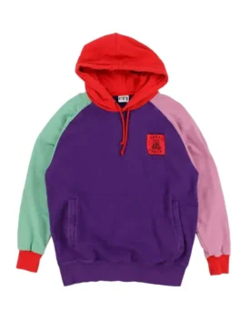 Front of a colorful teddy fresh color block hoodie with purple, pink, mint green, and red, a great casual hoodie.