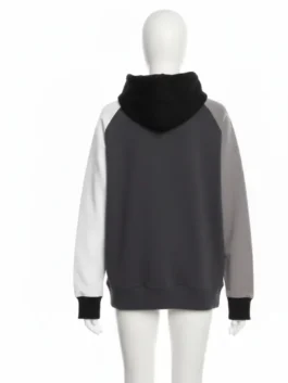 Back view of a teddy fresh color block streetwear hoodie on a mannequin, in black, gray, and white.