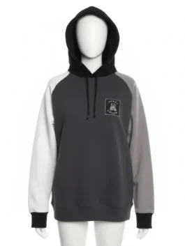 White mannequin modeling a teddy fresh color block sweatshirt in black, white, and gray, perfect for a cozy hoodie style.