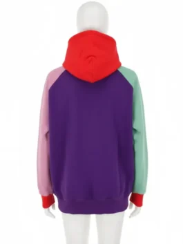 Back of a teddy fresh hoodie color block on a white mannequin, displaying purple, pink, mint green, and red panels.