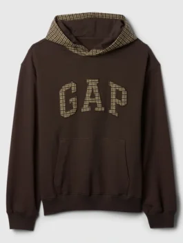 Women's brown Gap hoodie showcasing a stylish houndstooth design on the logo applique and hood lining.