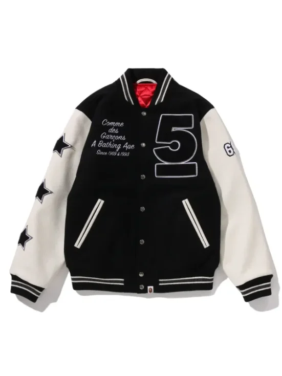 A BATHING APE x COMME des GARCONS OSAKA Varsity Jacket Front Look