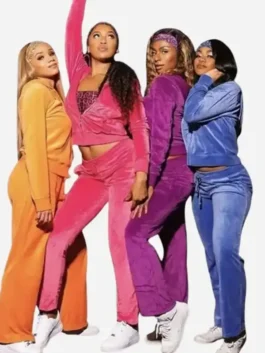 Cheetah Girls Tracksuit Costume featuring colorful Y2K tracksuits inspired by Disney Channel fashion