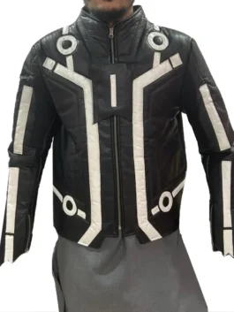 Front view of the black Garrett Hedlund Tron leather jacket from America Jackets.