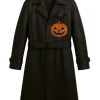 Jack-o’-lantern Pumpkin and Bat Black Trench Coat Mens