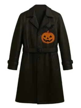 Jack-o’-lantern Pumpkin and Bat Black Trench Coat Mens