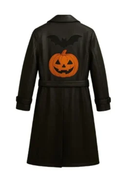 Jack-o’-lantern Pumpkin and Bat Black Trench Coat Mens