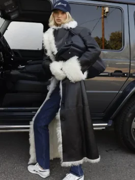 LA 2025 Elsa Hosk Black Shearling Leather Coat