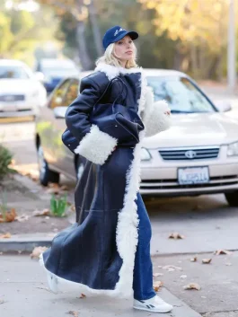 LA 2025 Elsa Hosk Black Shearling Leather Coat