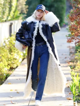 LA 2025 Elsa Hosk Black Shearling Leather Coat
