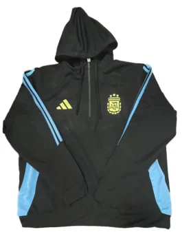 Front view of a Lionel Messi Argentina hoodie, black with light blue stripes, featuring the Adidas logo and AFA crest, perfect for a Messi Argentina fan or a commemorative hoodie for his last home game.