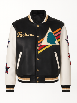 Men’s Multi-Color Triangle Leather Varsity Jacket Front Look