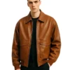 Men's Oversized Vintage Brown Leather Bomber Jacket with Dual Cargo Pockets