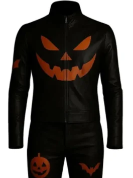 Mens Pumpkin and Bat Printed Leather Jacket