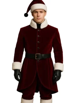Men's Santa Claus red velvet coat (front view) with a modern, slim-fit design. This Santa coat has a high white Vegan-fur collar, a full button-front closure, and a wide black belt. The outfit includes a matching Santa hat and black gloves.