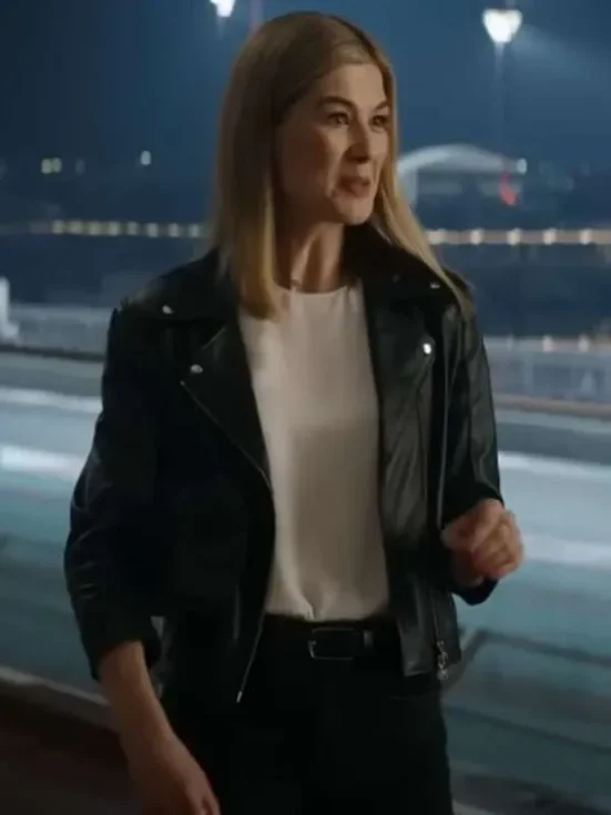 Rosamund Pike Now You See Me Now You Don’t Black Leather Jacket Front Look