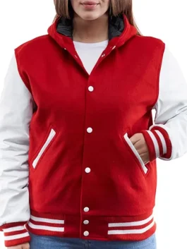 Women's Varsity Bomber Leather Jacket In Red