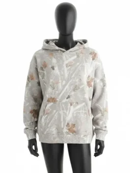 Front view of an Abercrombie off white camo hoodie. Features a cream-toned camouflage pattern with autumn maple leaves and a front pouch pocket.