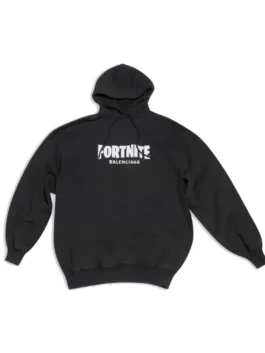 Black Fortnite Balenciaga hoodie pullover, featuring the white Fortnite Balenciaga logo for a striking unisex streetwear look.