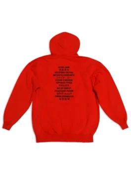 Back of the Red Fortnite Balenciaga hoodie for men, a standout pullover sweatshirt with multi-language Retail Row text.