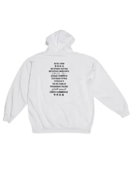 Back view of the white Fortnite Balenciaga hoodie for women, a comfortable pullover with a multi-language design.