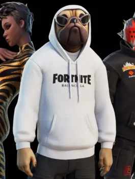 Fortnite Balenciaga sweatshirt worn by a character, showcasing the iconic white Fortnite Balenciaga hoodie design for a cosplay look.