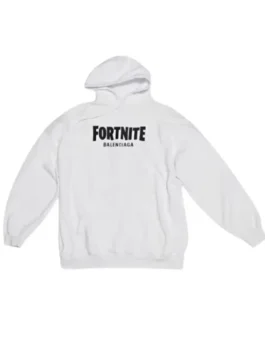 Front view of the white Fortnite Balenciaga hoodie for men, a classic Balenciaga Fortnite hoodie pullover design.