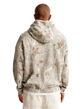 Back view of off white camo hoodie Abercrombie featuring hooded style and all-over camouflage print.