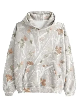 Front view of white camo Abercrombie hoodie with kangaroo pocket and relaxed fit design