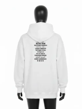 Back view of the white Fortnite Balenciaga pullover hoodie on a black mannequin, featuring multi-language Retail Row text.