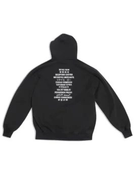 Back of the women's black Fortnite Balenciaga hoodie pullover, showing multi-language Retail Row text for a unique look.