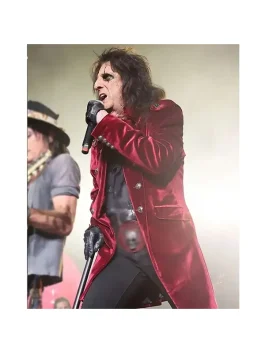 Alice Cooper performing live in a burgundy velvet coat, showcasing the Alice Cooper Burgundy Velvet Coat with rockstar style.