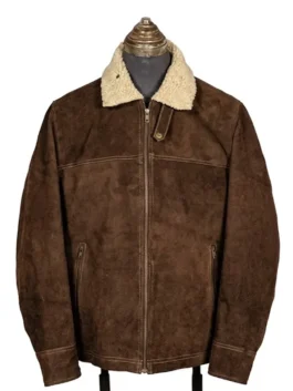 Front view of a suede leather jacket showcasing a classic lapel-style shearling collar and long sleeves.