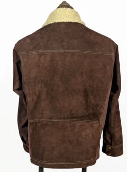 Suede bomber-style jacket with functional zippered pockets and a warm shearling neck detail.