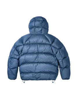 Back side of Palace Quantum Balaclava Puffa Jacket in blue with quilted puff structure and weatherproof Pertex fabric.